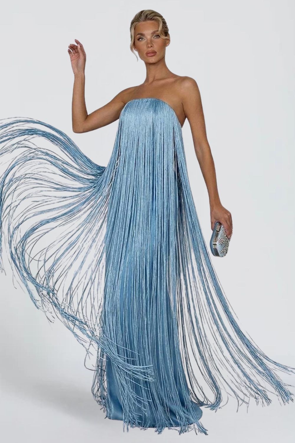 Anaïs Fournier | Strapless Fringe Maxi Dress – Metallic Tassel Satin Party Evening Gown