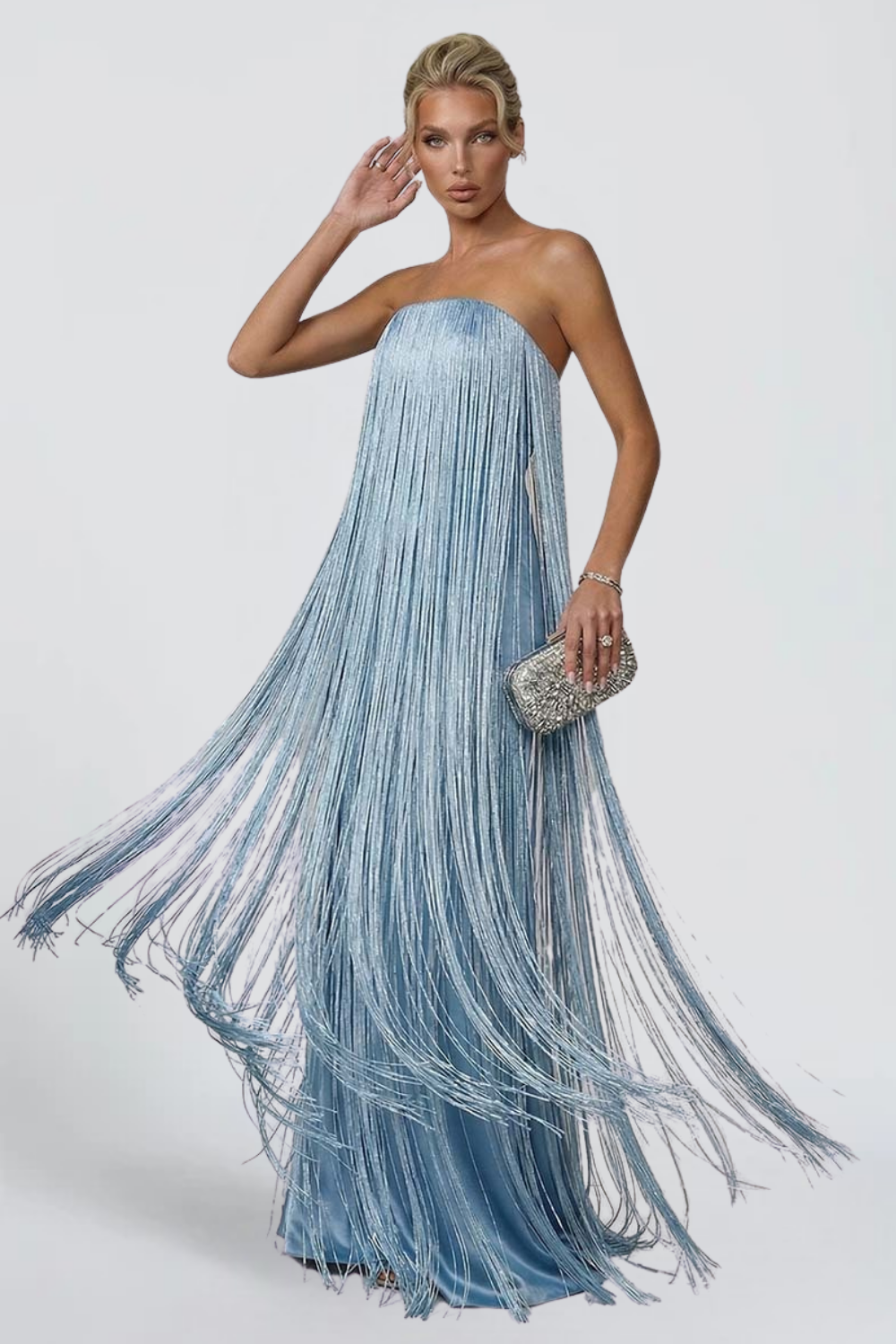 Anaïs Fournier | Strapless Fringe Maxi Dress – Metallic Tassel Satin Party Evening Gown