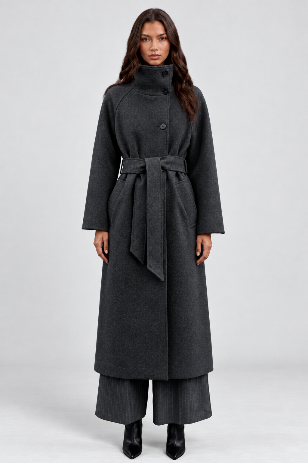 Margaux Dufour | Women's Belted Long Wool Coat – Charcoal Funnel Neck Maxi Coat