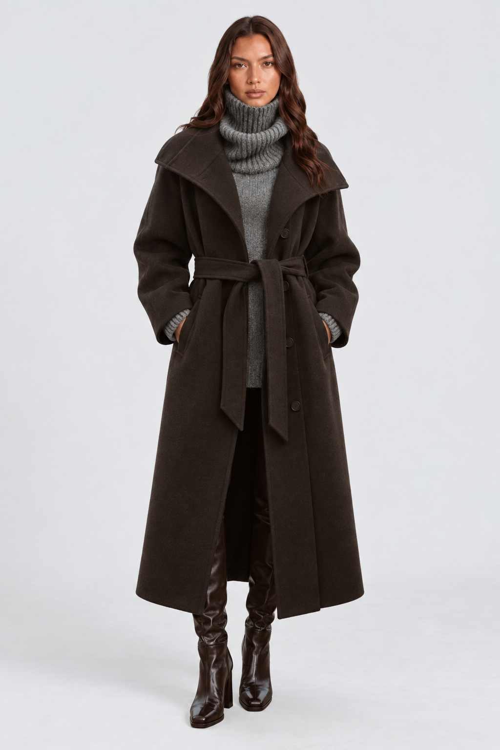 Margaux Dufour | Women's Belted Long Wool Coat – Charcoal Funnel Neck Maxi Coat