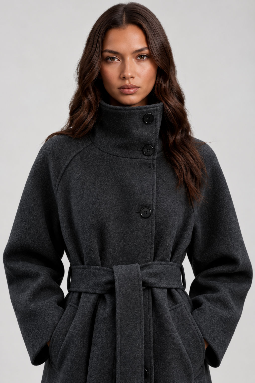 Margaux Dufour | Women's Belted Long Wool Coat – Charcoal Funnel Neck Maxi Coat