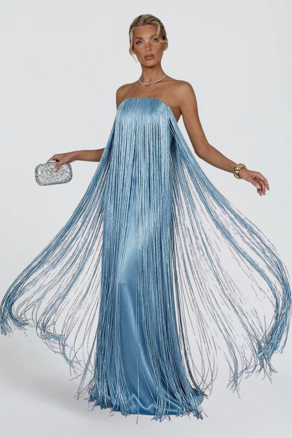 Anaïs Fournier | Strapless Fringe Maxi Dress – Metallic Tassel Satin Party Evening Gown