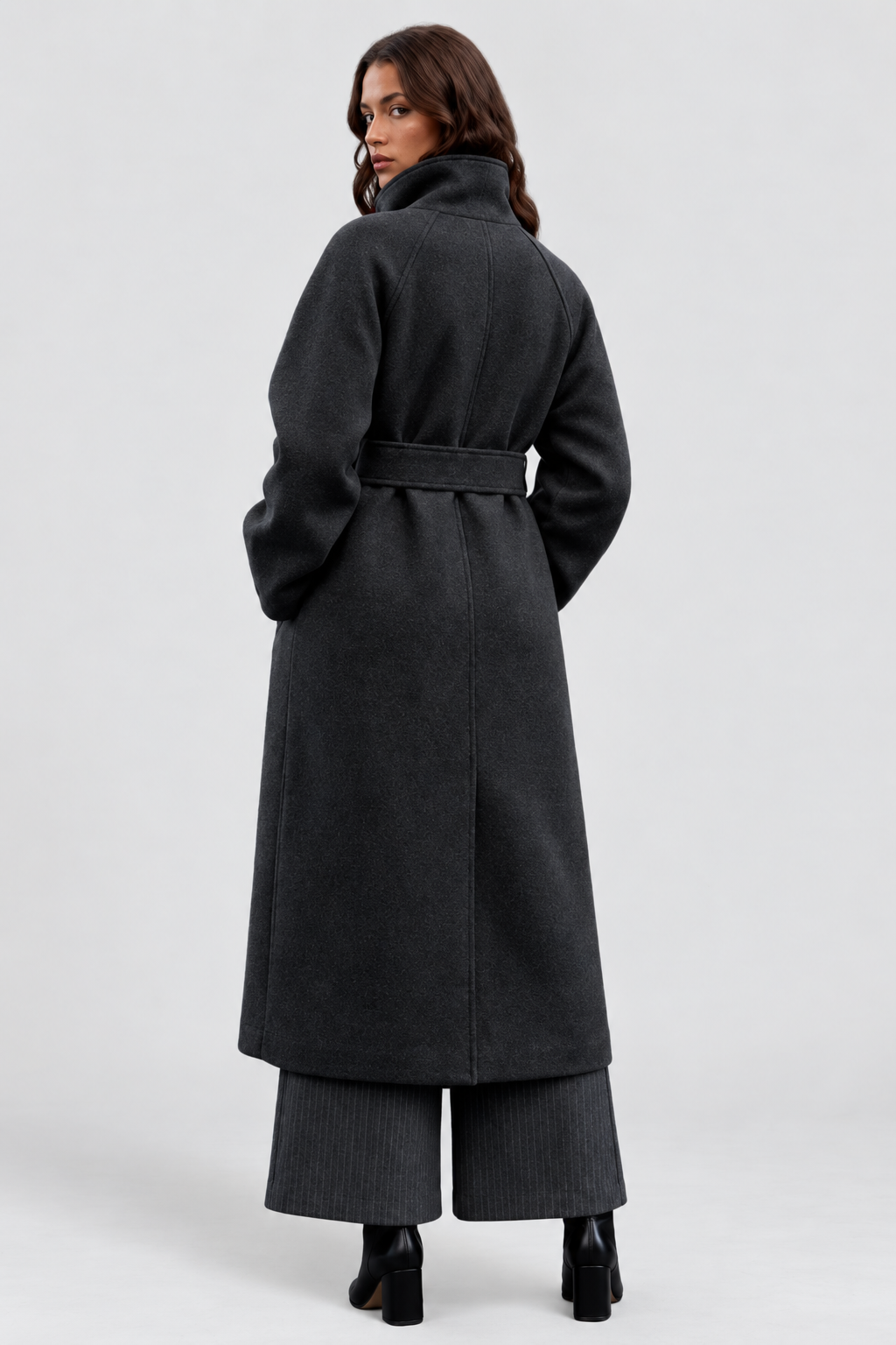 Margaux Dufour | Women's Belted Long Wool Coat – Charcoal Funnel Neck Maxi Coat