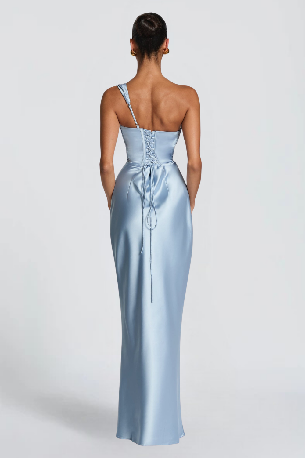 Léa Robert | Baby Blue Satin Maxi Dress – Off Shoulder Corset Bodice Fitted Evening Gown