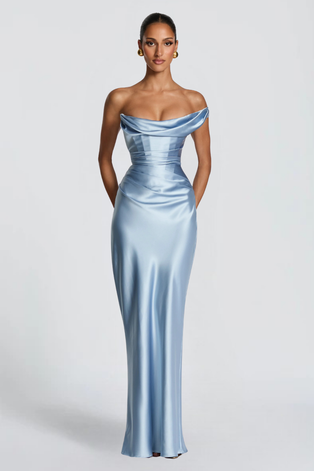 Léa Robert | Baby Blue Satin Maxi Dress – Off Shoulder Corset Bodice Fitted Evening Gown