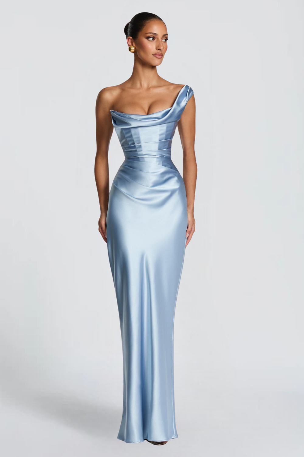 Léa Robert | Baby Blue Satin Maxi Dress – Off Shoulder Corset Bodice Fitted Evening Gown