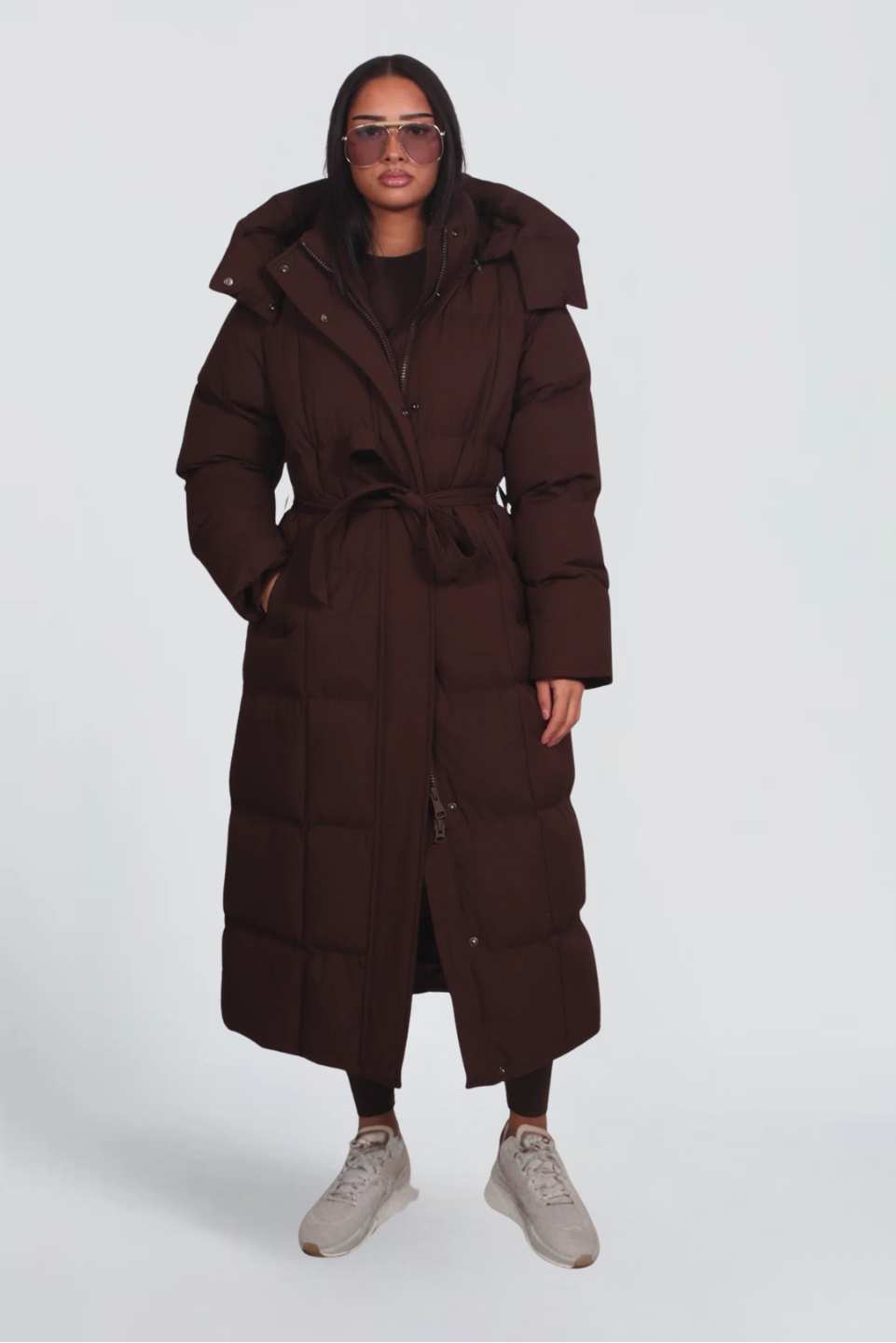 Adèle Boyer | Women's Long Hooded Puffer Coat – Belted Quilted Maxi Winter Coat