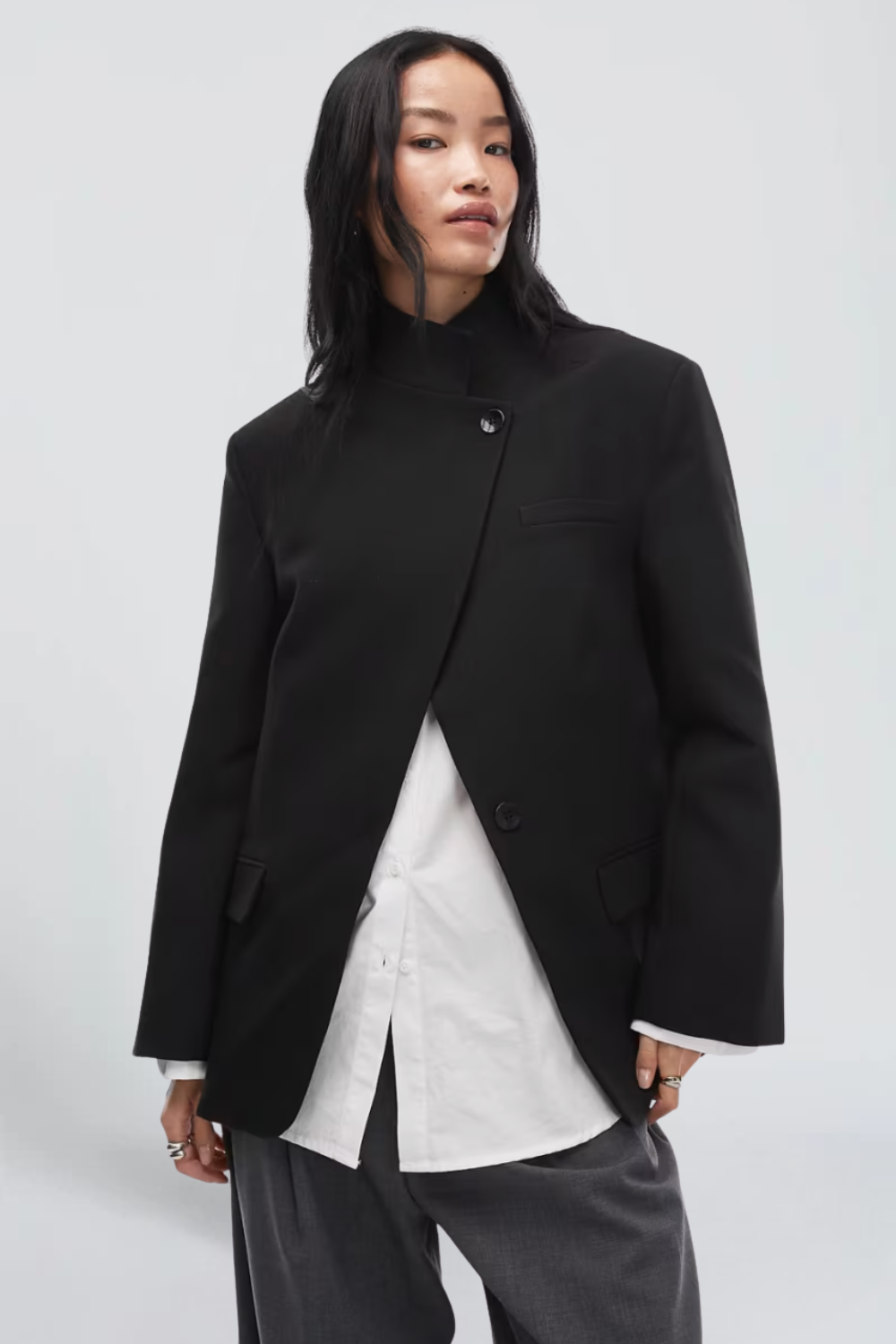 Valentine André | Women's Double-Breasted Blazer – High Neck Asymmetric Tailored Blazer Jacket