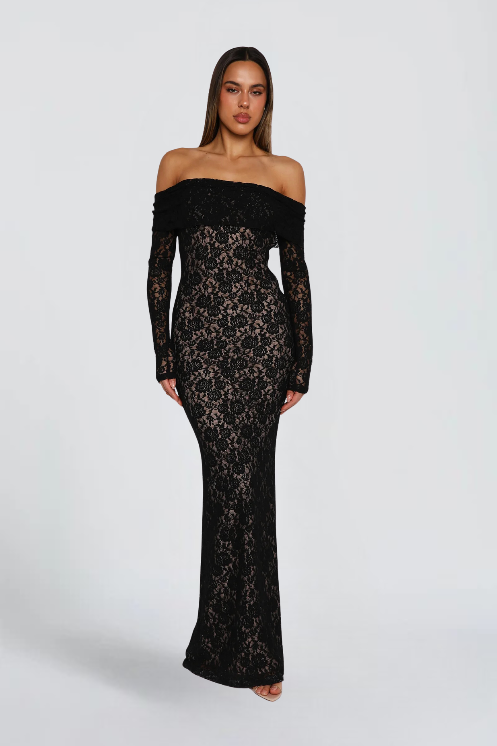 CÉLIA DE VALFLEUR | Black Floral Lace Maxi Dress – Off Shoulder Long Sleeve Mermaid Evening Gown