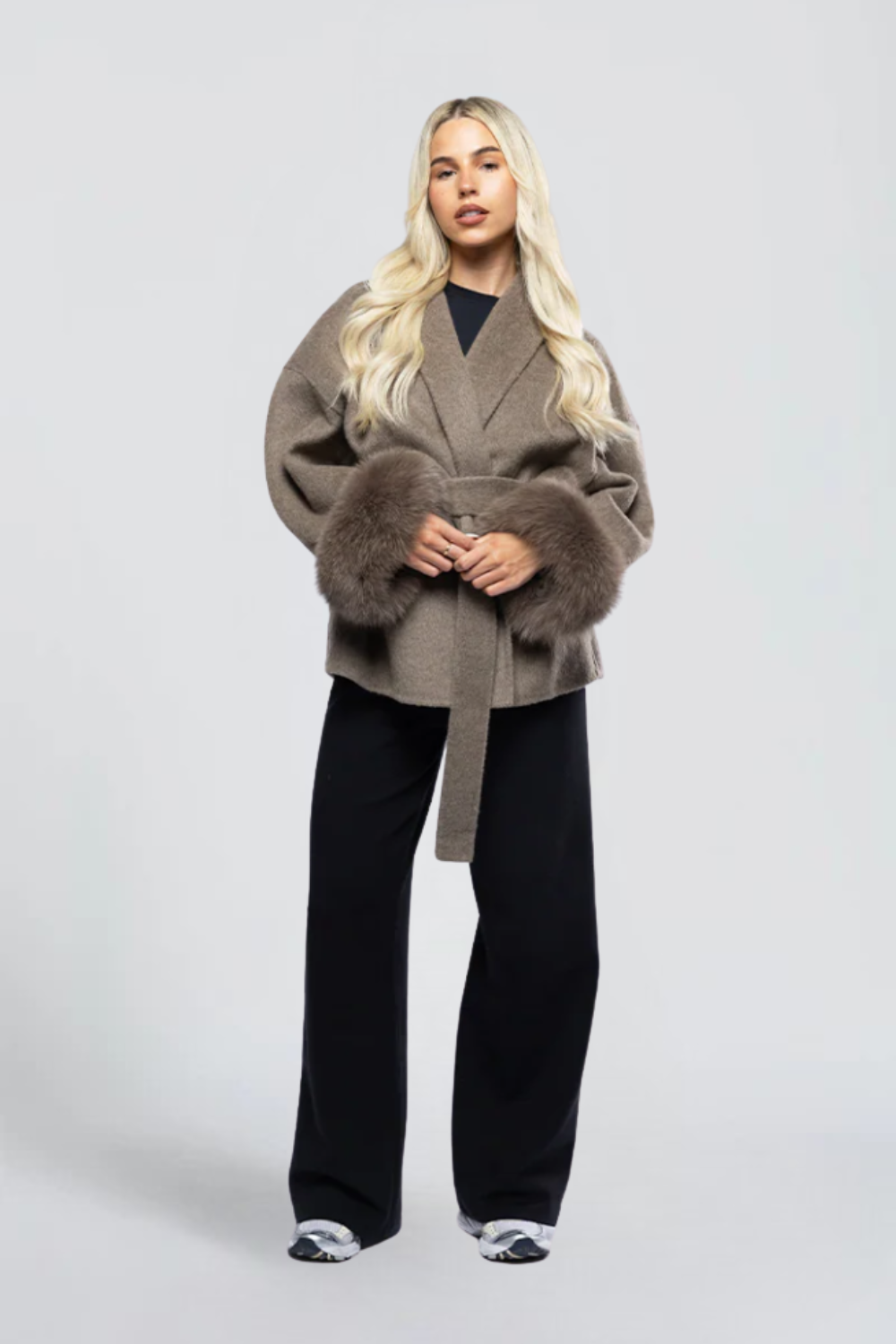 Yasmine Dumont | Women's Belted Wrap Jacket with Faux Fur Cuffs – Grey Short Wrap Coat