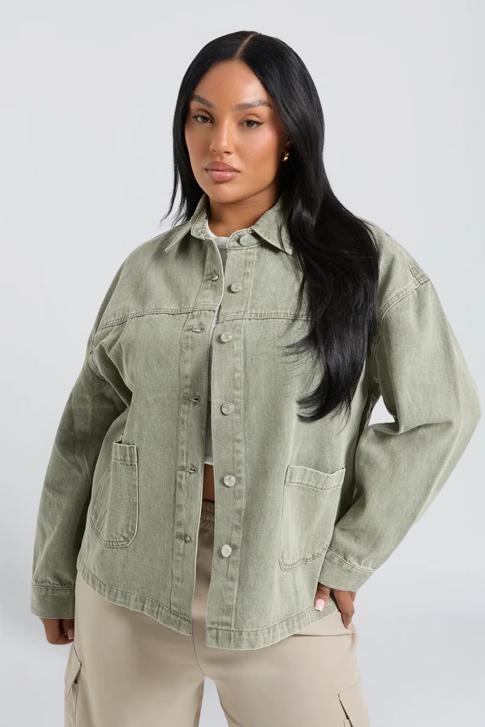 Clara Mercier | Women's Washed Denim Jacket – Sage Green Oversized Boxy Jean Jacket