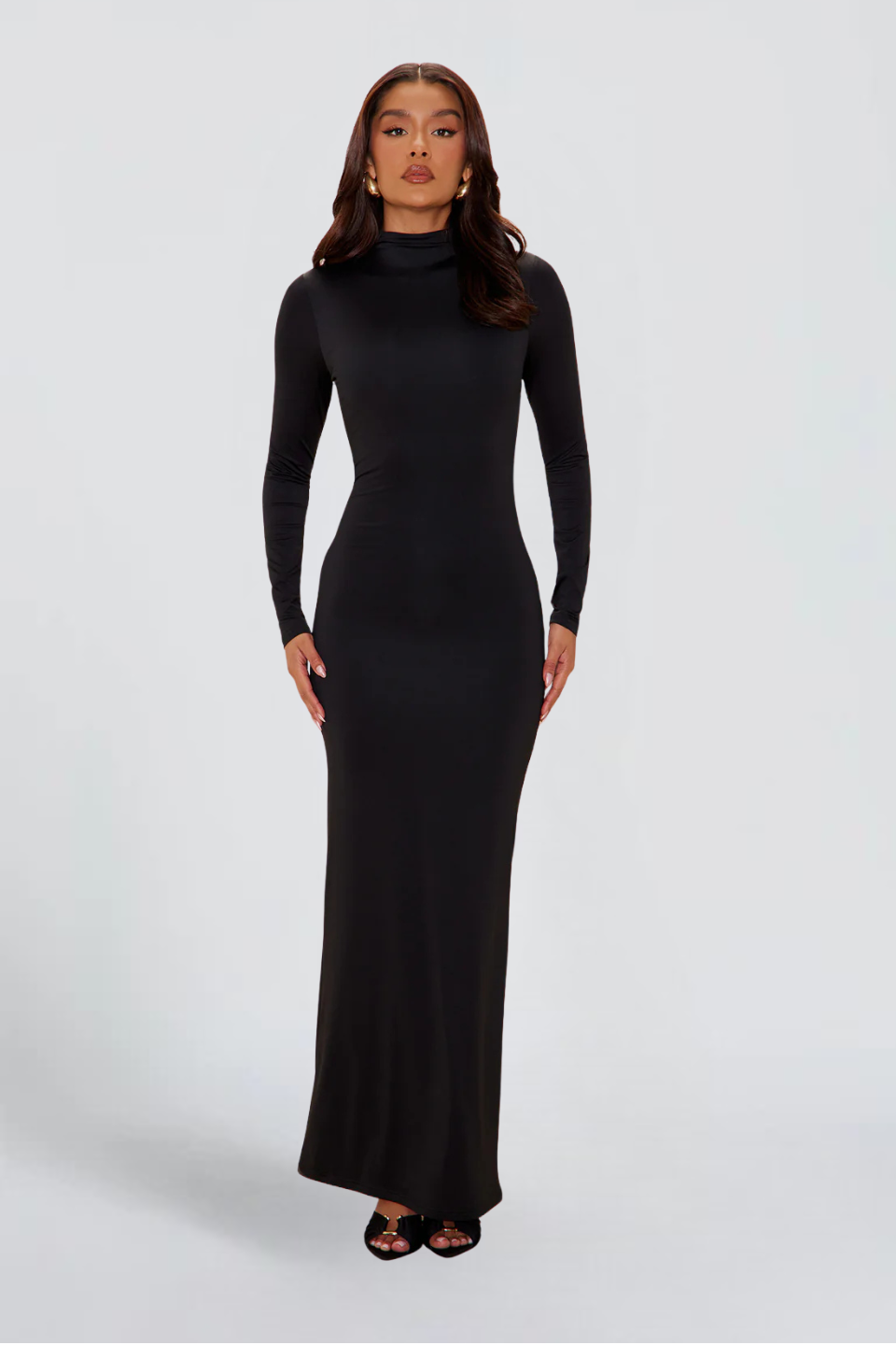 ZÉLIE MONTFERRAND | Long Sleeve Bodycon Maxi Dress – High Mock Neck Stretch Evening Dress