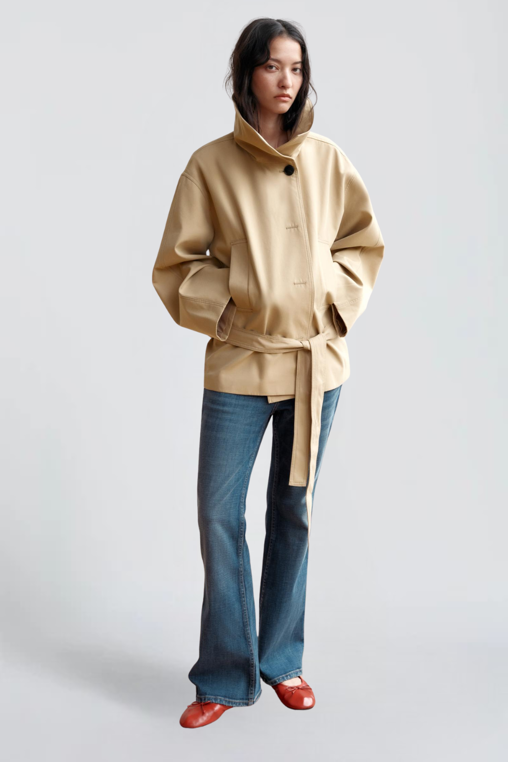 Justine Faure | Women's Short Belted Trench Coat – Light Brown Oversized Cotton Trench Jacket