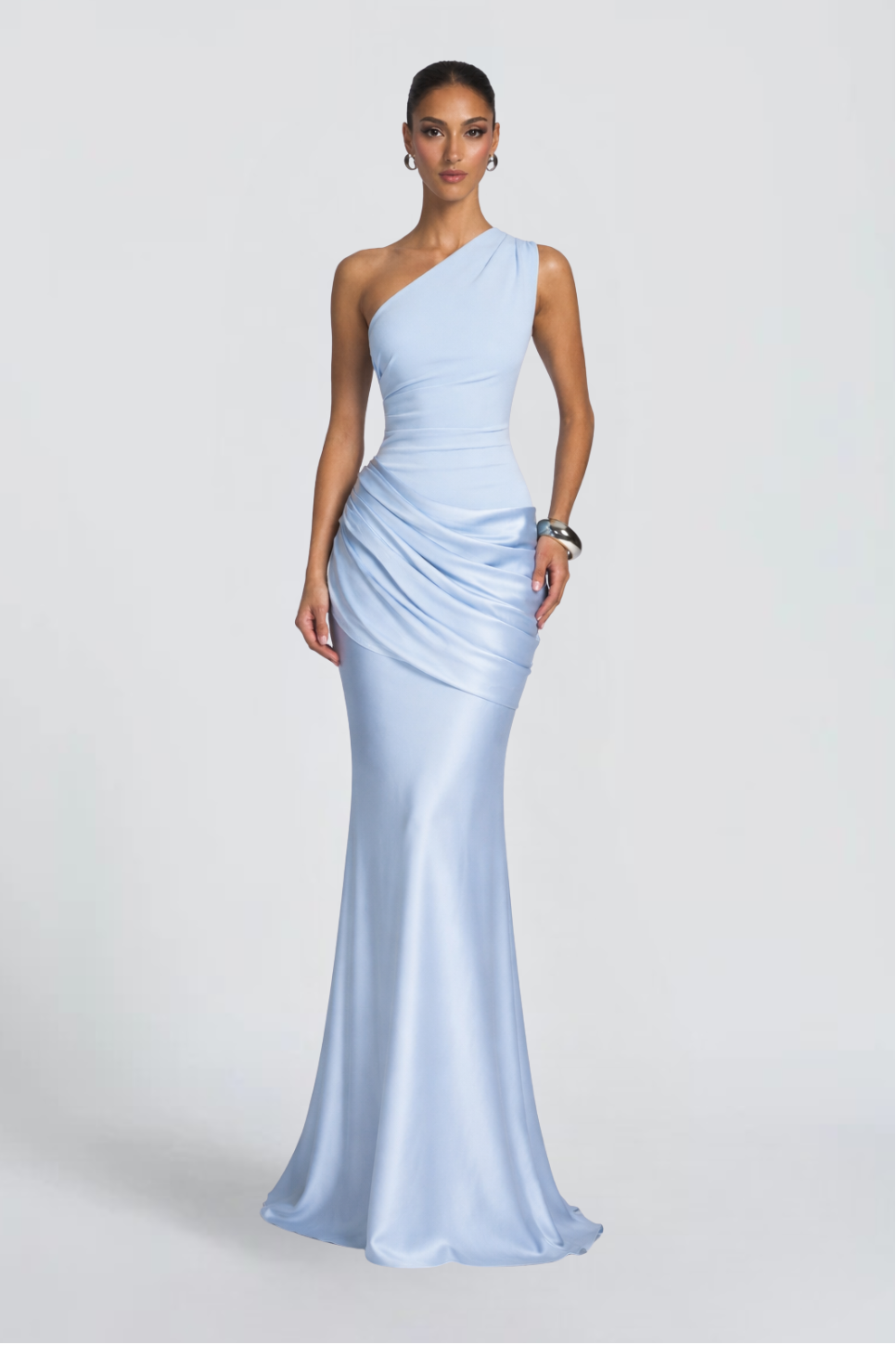 Manon Petit | One Shoulder Satin Maxi Dress – Draped Ruched Mermaid Formal Evening Gown