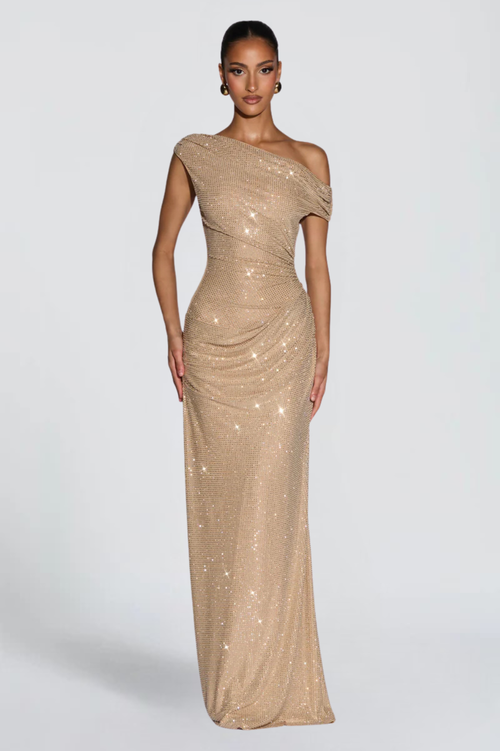 Sophie Lefebvre | One Shoulder Sequin Maxi Dress – Ruched Fitted Floor Length Evening Gown