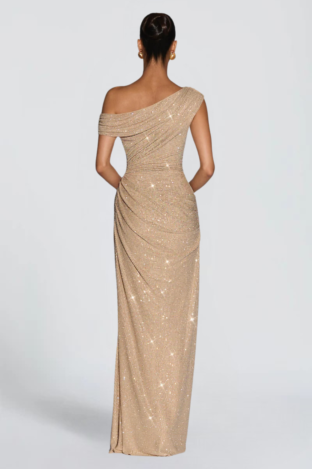 Sophie Lefebvre | One Shoulder Sequin Maxi Dress – Ruched Fitted Floor Length Evening Gown