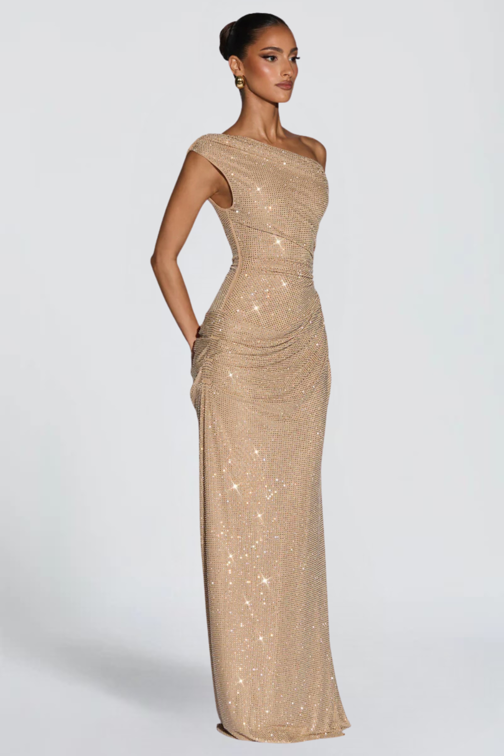 Sophie Lefebvre | One Shoulder Sequin Maxi Dress – Ruched Fitted Floor Length Evening Gown