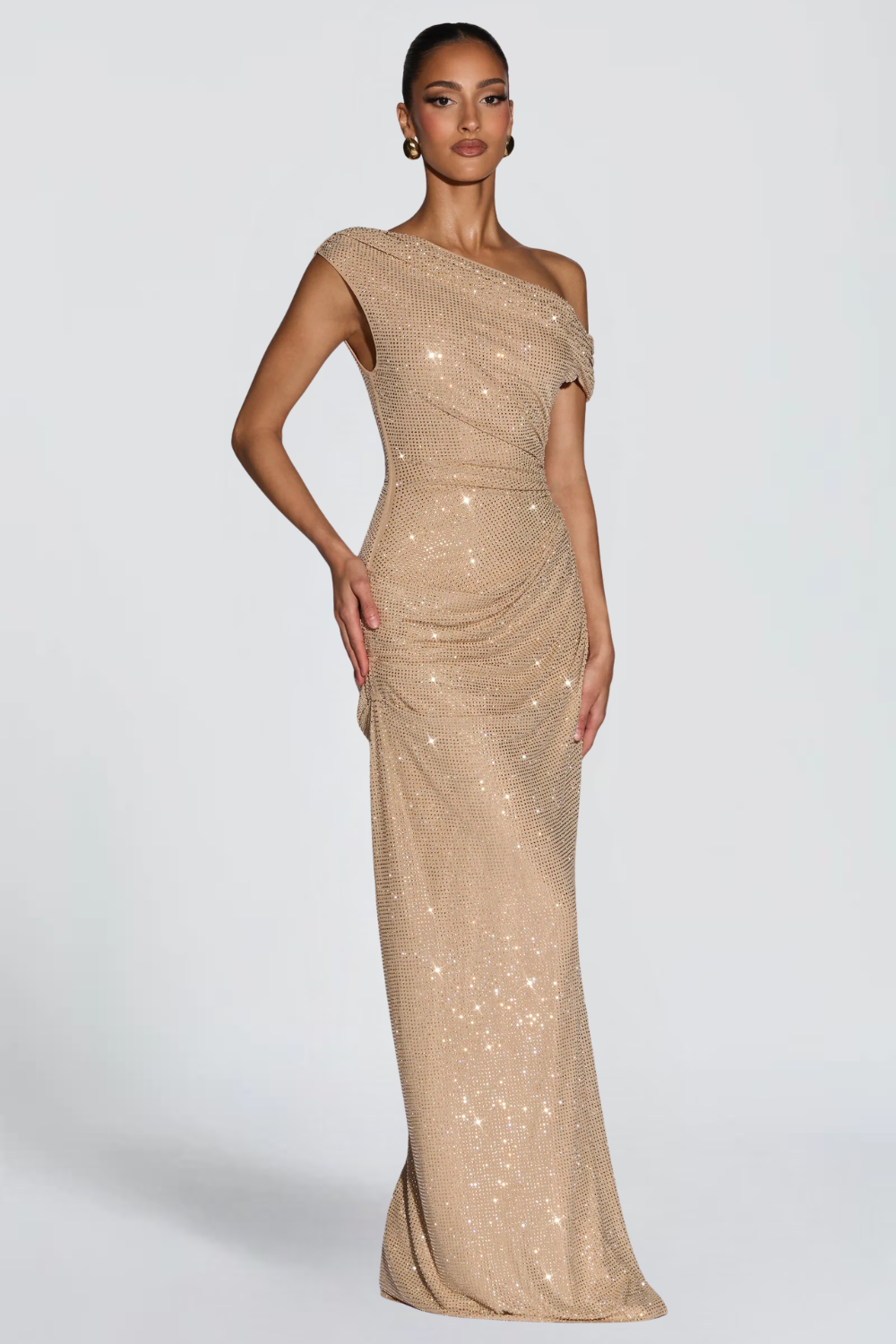 Sophie Lefebvre | One Shoulder Sequin Maxi Dress – Ruched Fitted Floor Length Evening Gown