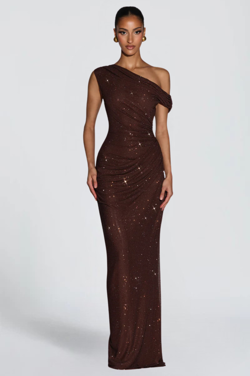 Sophie Lefebvre | One Shoulder Sequin Maxi Dress – Ruched Fitted Floor Length Evening Gown
