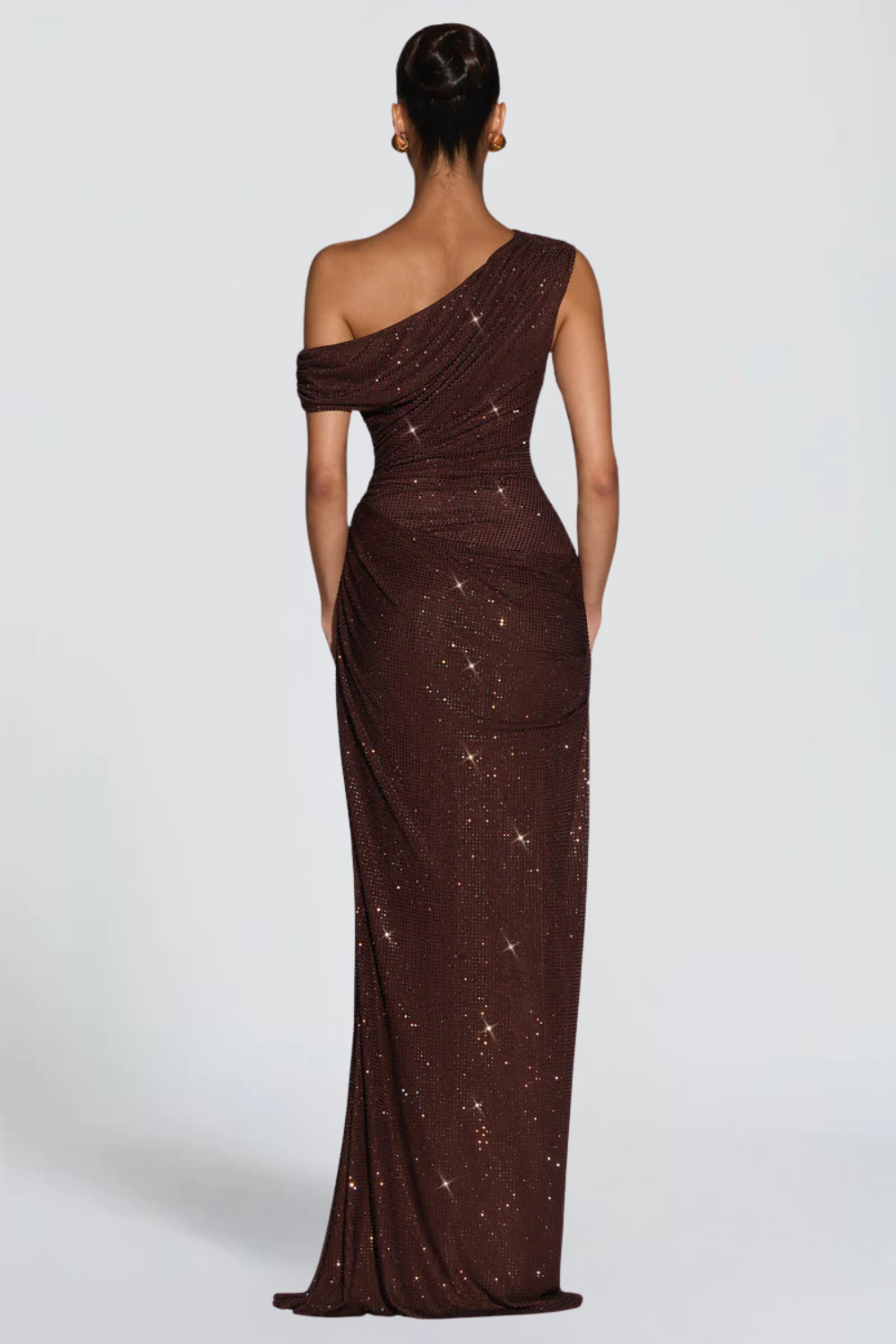 Sophie Lefebvre | One Shoulder Sequin Maxi Dress – Ruched Fitted Floor Length Evening Gown