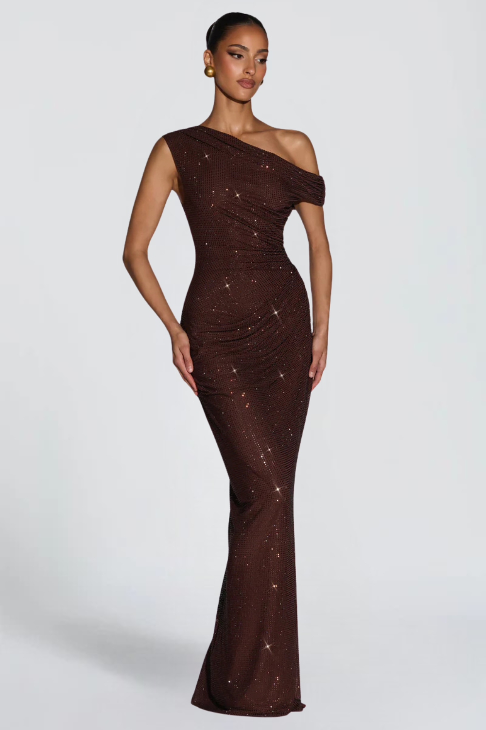 Sophie Lefebvre | One Shoulder Sequin Maxi Dress – Ruched Fitted Floor Length Evening Gown