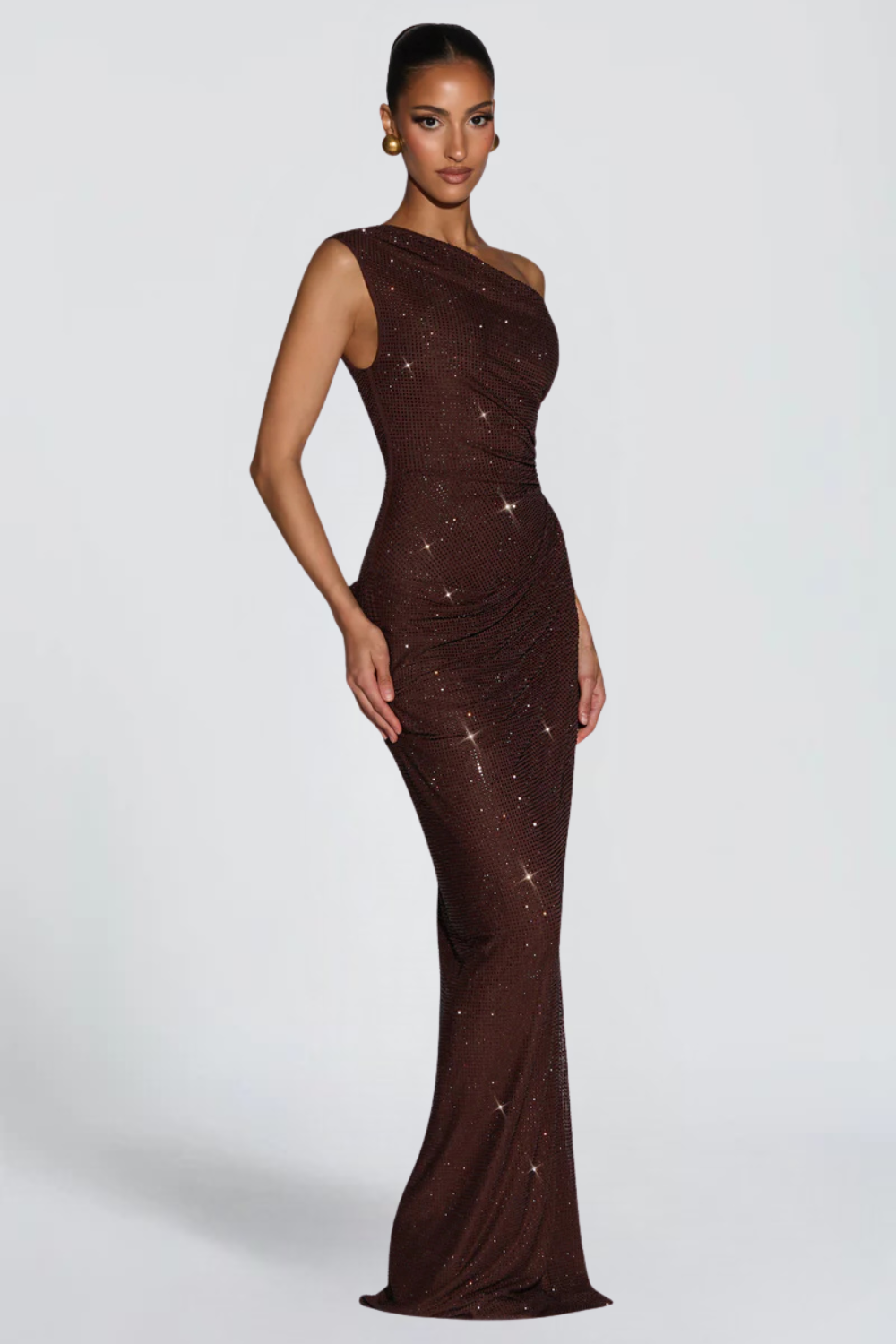 Sophie Lefebvre | One Shoulder Sequin Maxi Dress – Ruched Fitted Floor Length Evening Gown