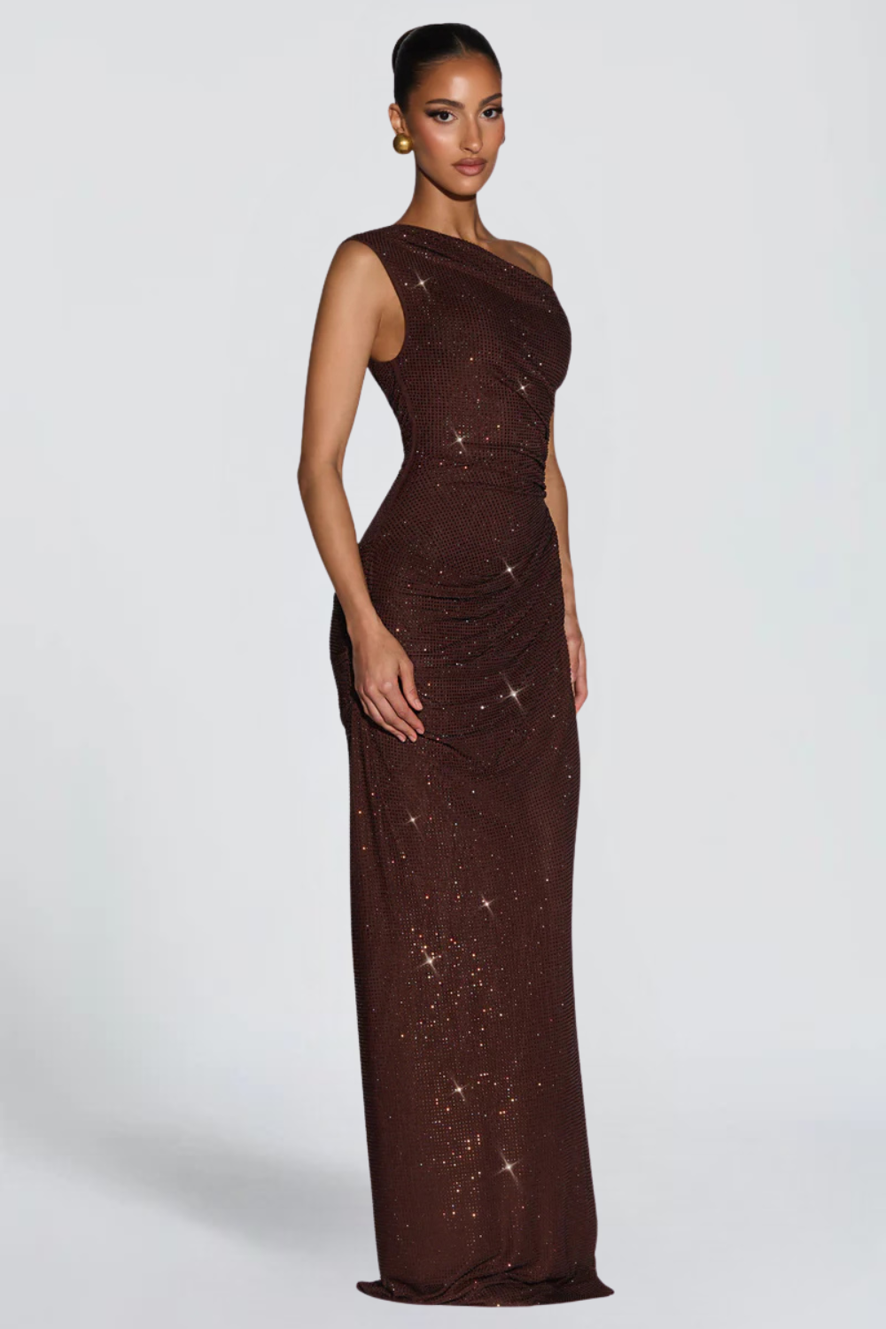 Sophie Lefebvre | One Shoulder Sequin Maxi Dress – Ruched Fitted Floor Length Evening Gown