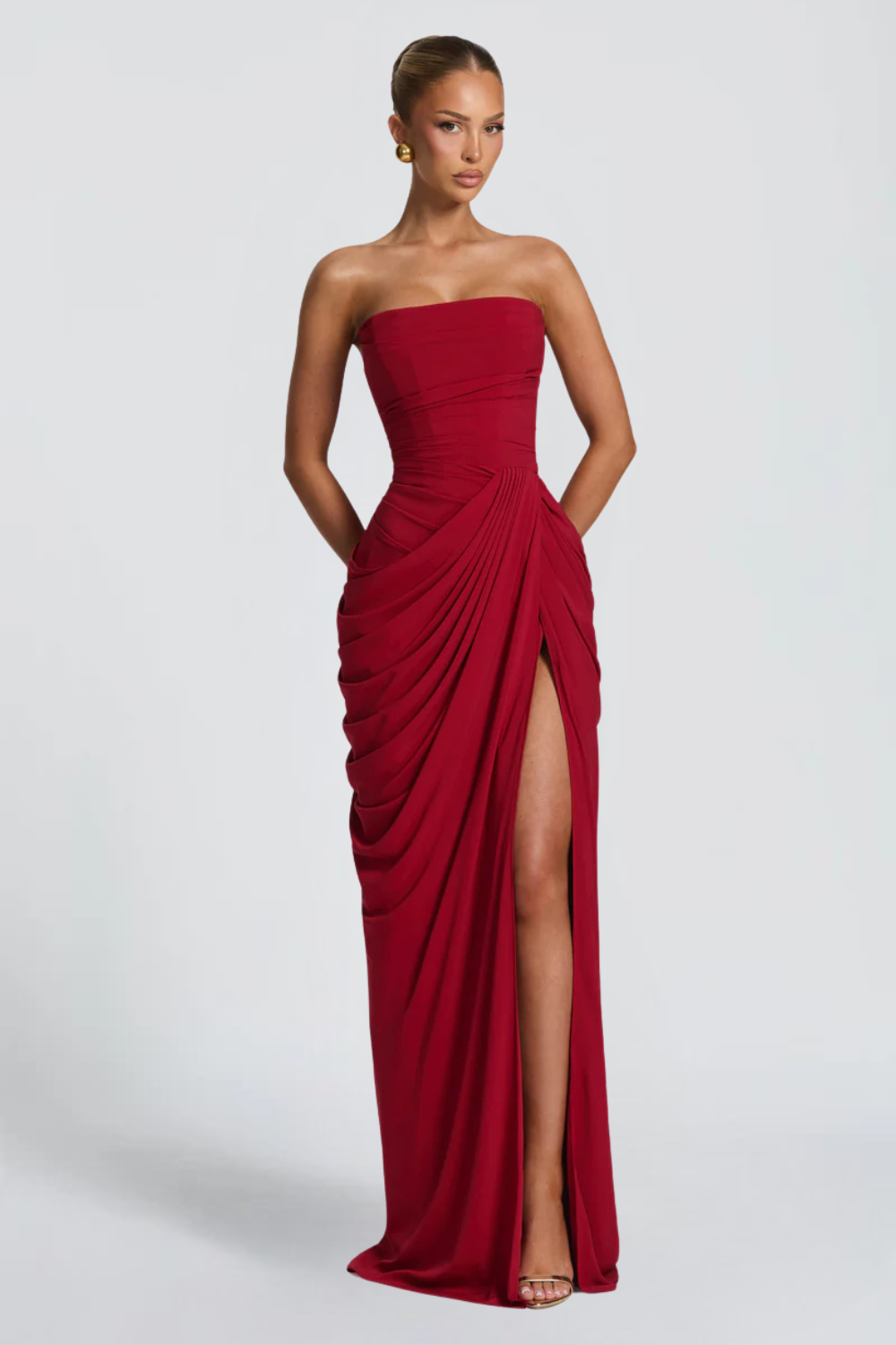 Claire Michel | Strapless Ruched Maxi Dress – High Thigh Slit Draped Bodycon Evening Gown