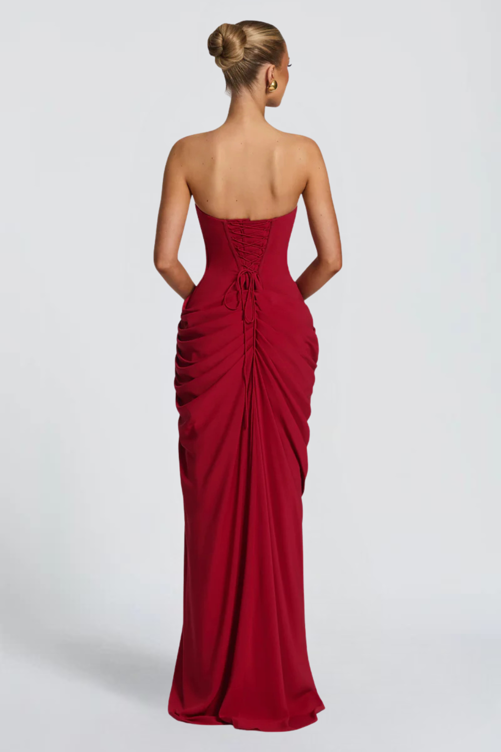 Claire Michel | Strapless Ruched Maxi Dress – High Thigh Slit Draped Bodycon Evening Gown