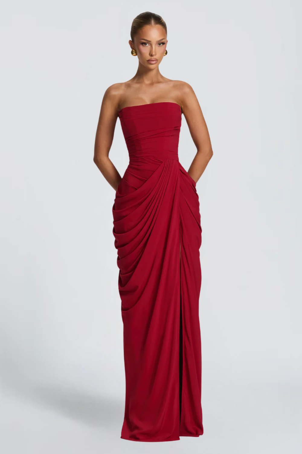 Claire Michel | Strapless Ruched Maxi Dress – High Thigh Slit Draped Bodycon Evening Gown