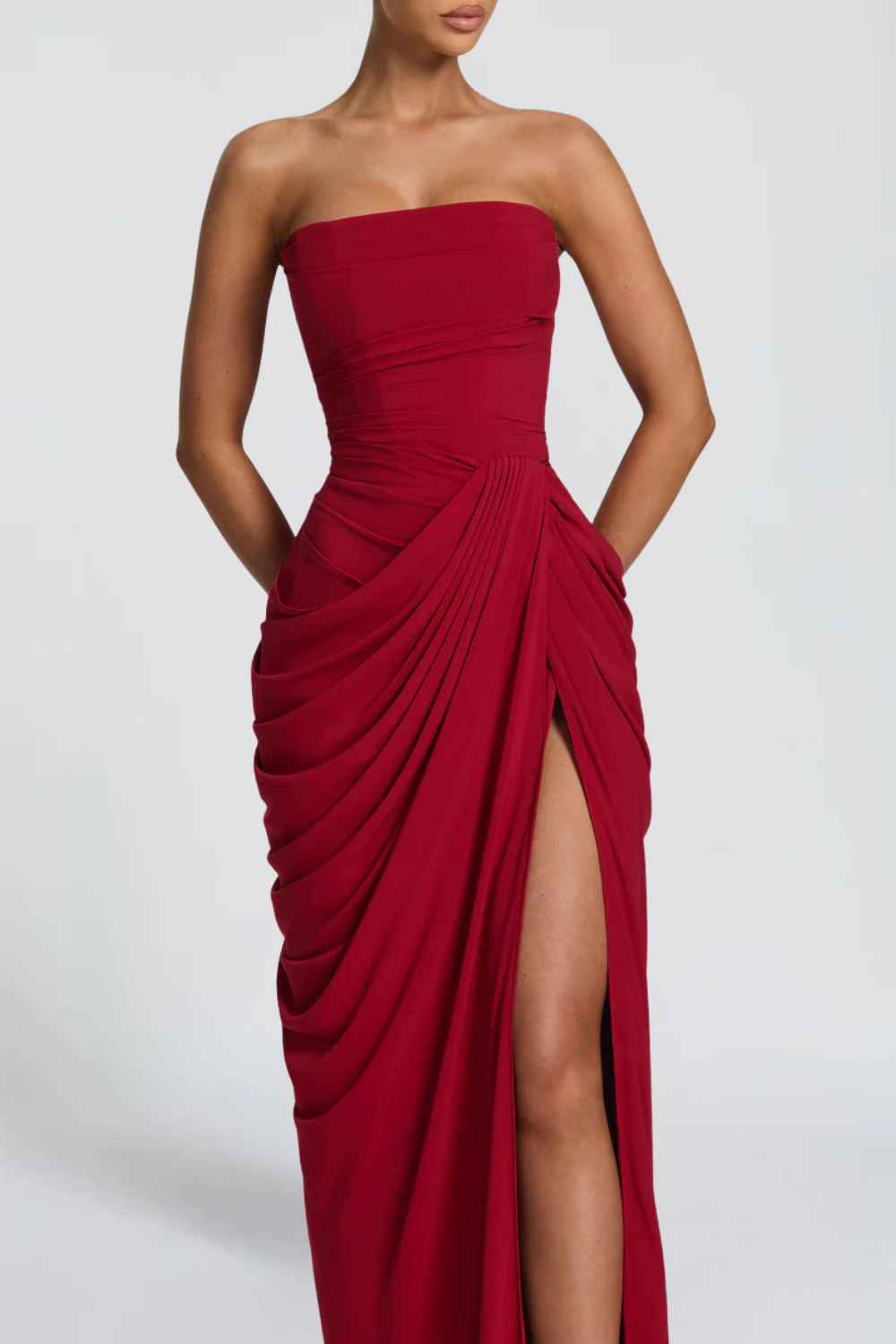 Claire Michel | Strapless Ruched Maxi Dress – High Thigh Slit Draped Bodycon Evening Gown