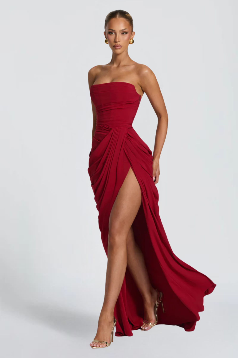 Claire Michel | Strapless Ruched Maxi Dress – High Thigh Slit Draped Bodycon Evening Gown