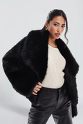 Maëlle Garnier | Women's Black Faux Fur Jacket – Short Oversized Fluffy Fur Coat