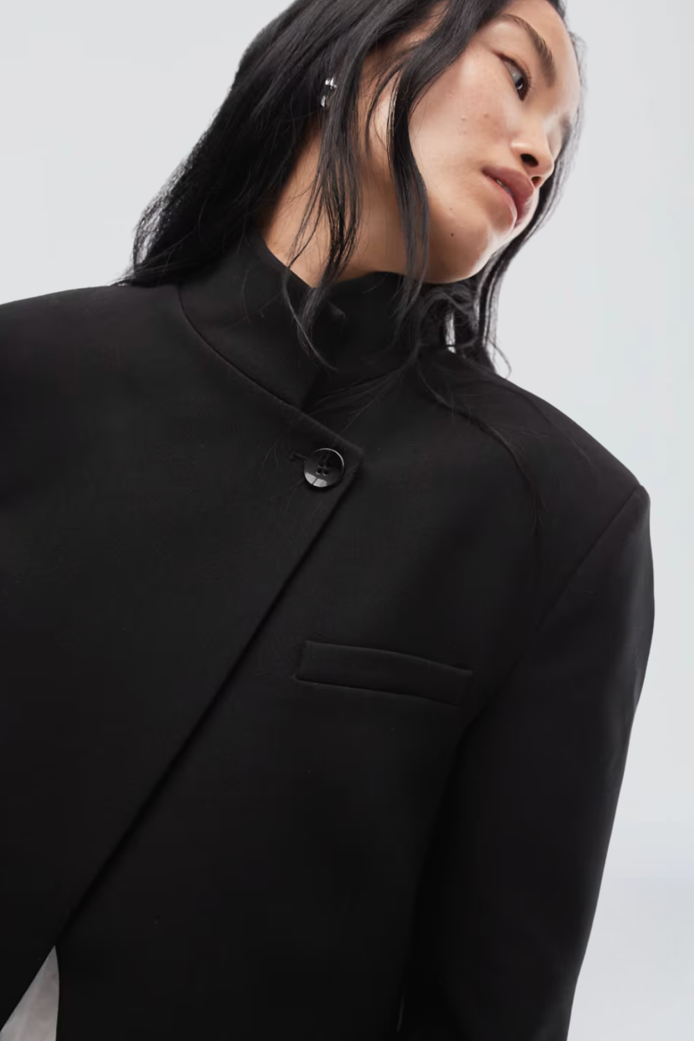 Valentine André | Women's Double-Breasted Blazer – High Neck Asymmetric Tailored Blazer Jacket