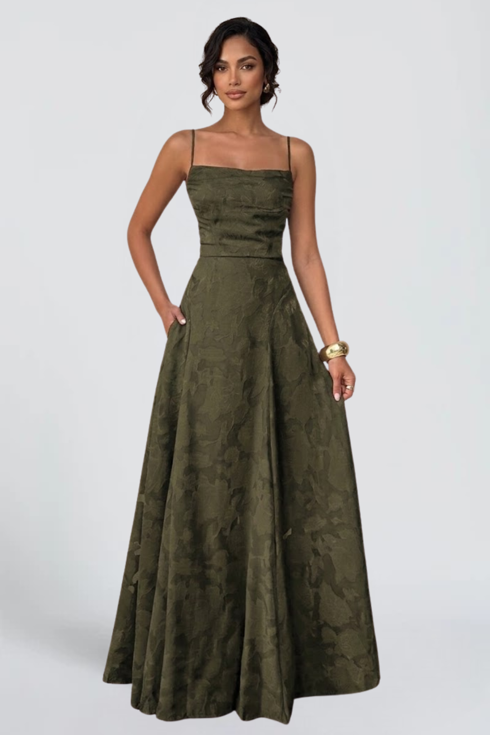 FABIENNE DE VALFONS | Floral Jacquard Maxi Dress – A-Line Corset Bodice Formal Gown with Pockets