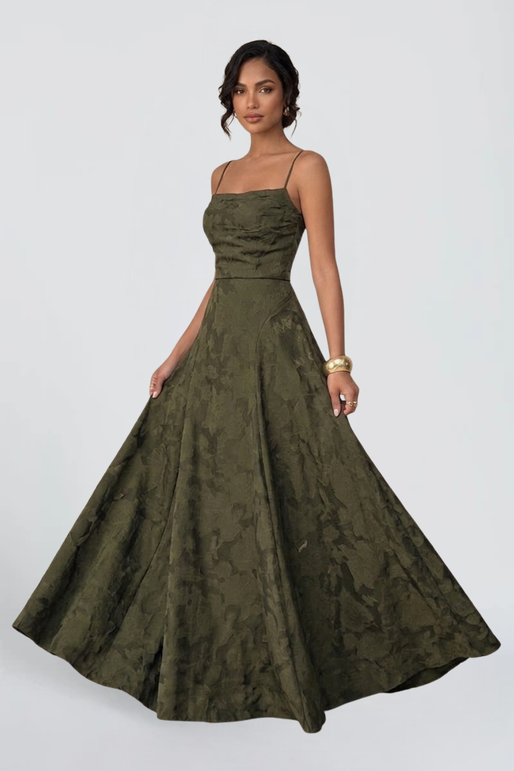 FABIENNE DE VALFONS | Floral Jacquard Maxi Dress – A-Line Corset Bodice Formal Gown with Pockets