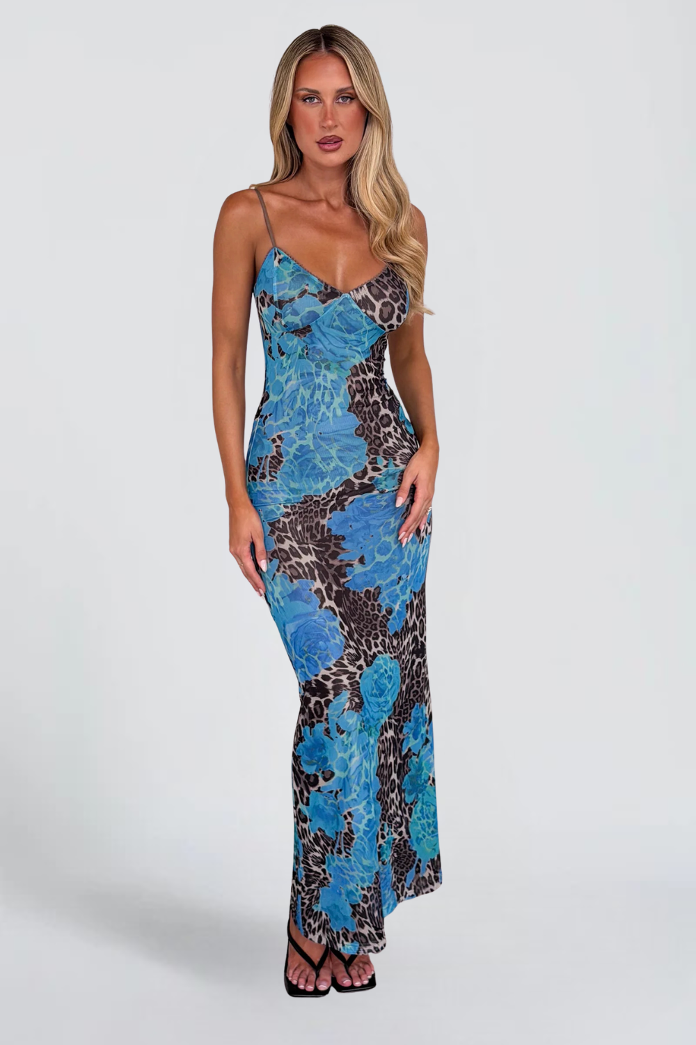 ARMELLE MONTDORE | Coral Floral Print Maxi Dress – Bodycon Mesh Ruched Strappy Summer Dress