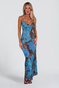 ARMELLE MONTDORE | Coral Floral Print Maxi Dress – Bodycon Mesh Ruched Strappy Summer Dress