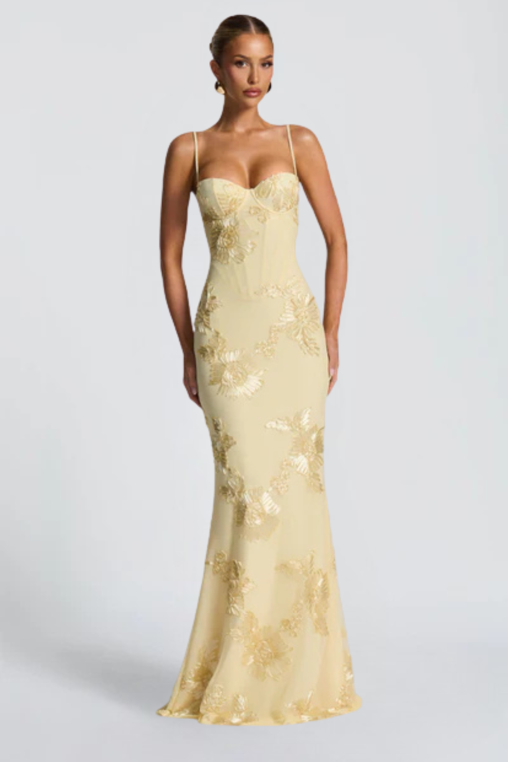 Charlotte Leroy | Embroidered Floral Mermaid Maxi Dress – Bustier Spaghetti Strap Evening Gown