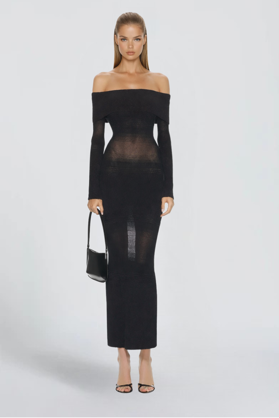ESTELLE DE MONTBRIAL | Black Sheer Knit Maxi Dress – Off Shoulder Long Sleeve Fitted Column Gown