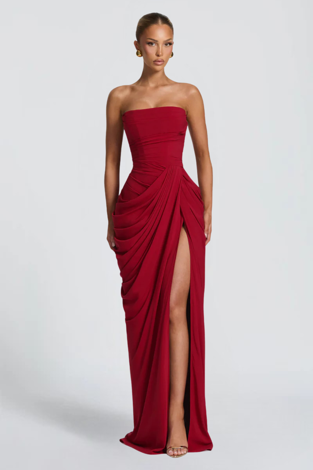 Claire Michel | Strapless Ruched Maxi Dress – High Thigh Slit Draped Bodycon Evening Gown