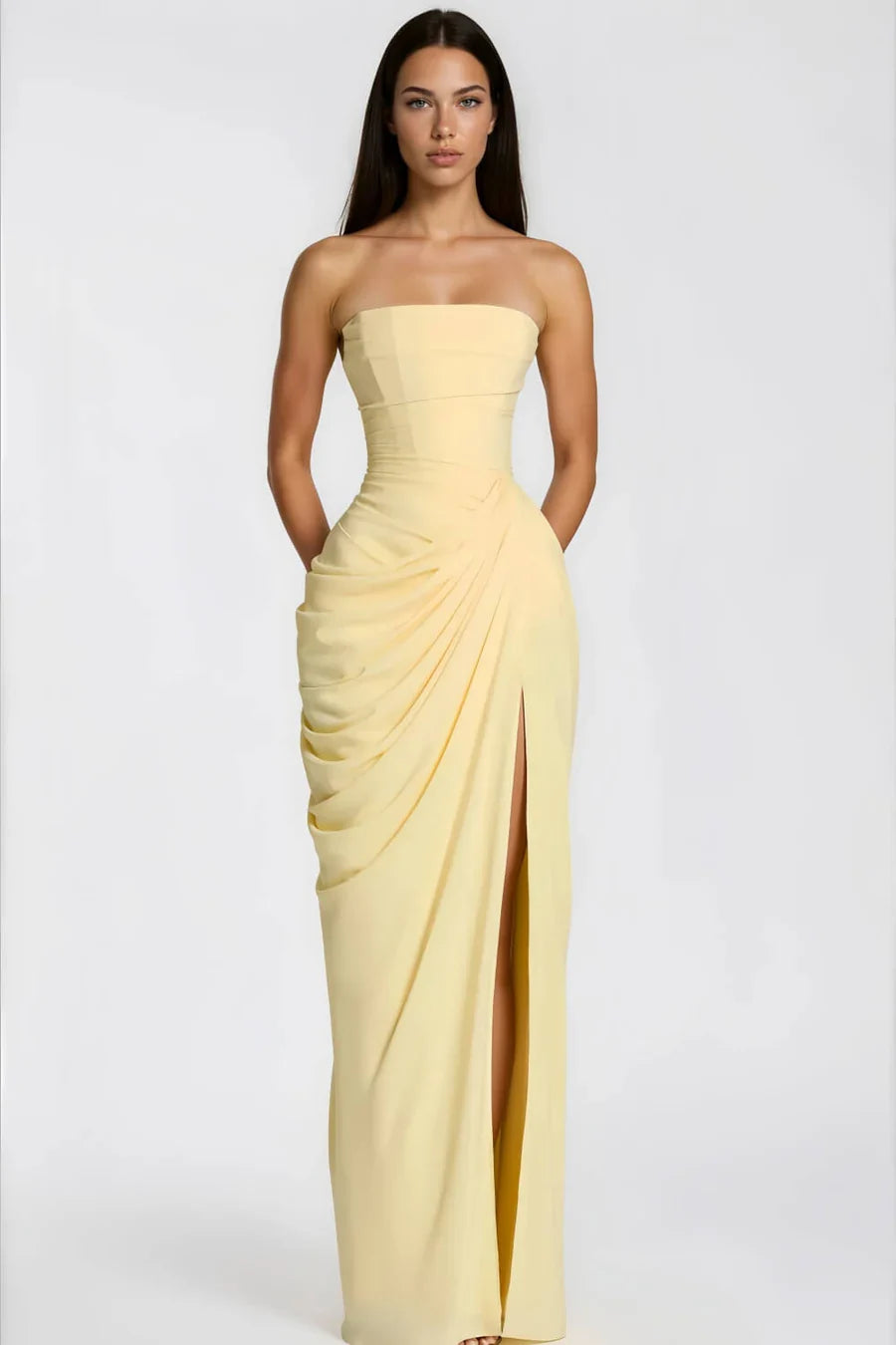 Claire Michel | Strapless Ruched Maxi Dress – High Thigh Slit Draped Bodycon Evening Gown