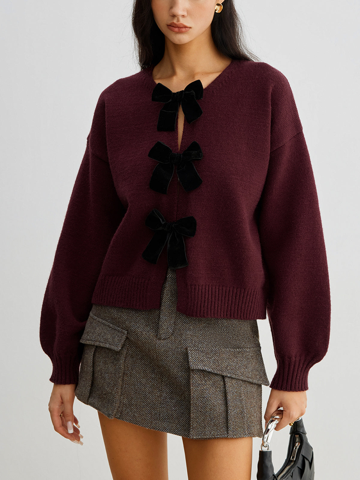 Léonie | Knit Sweater Women Velvet Bow Puff Sleeve Relaxed Fit Winter