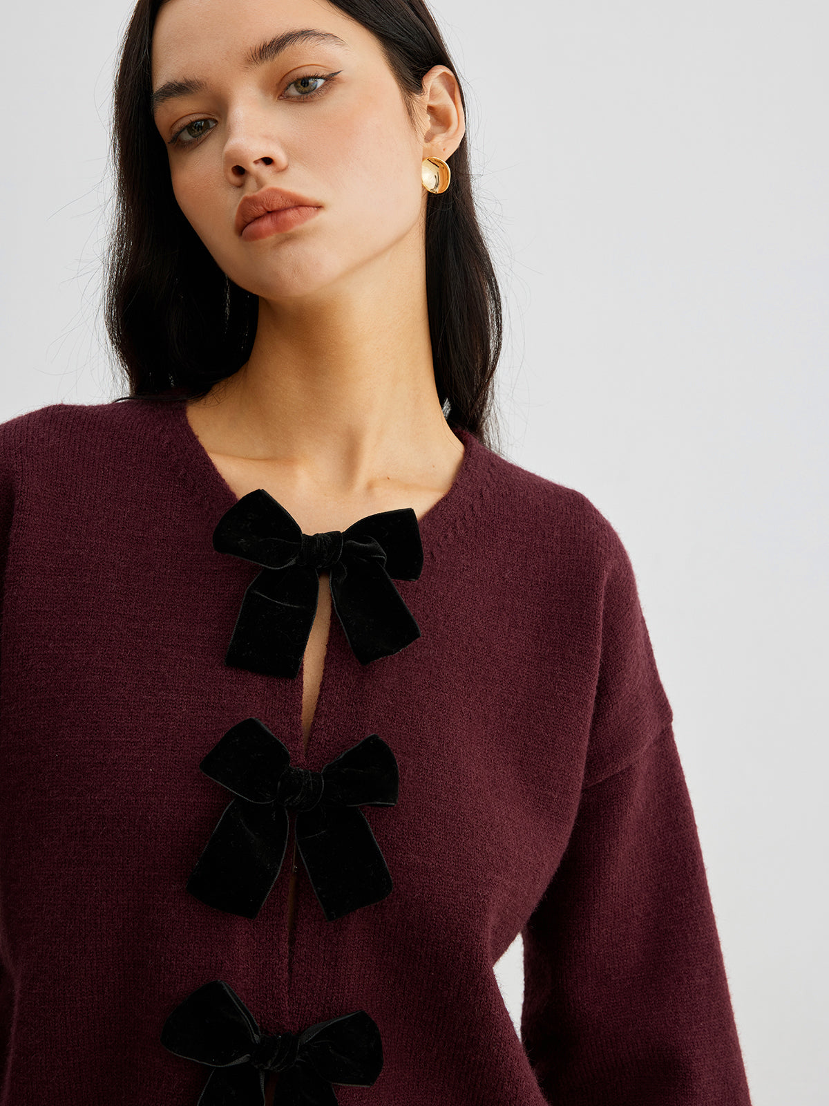 Léonie | Knit Sweater Women Velvet Bow Puff Sleeve Relaxed Fit Winter