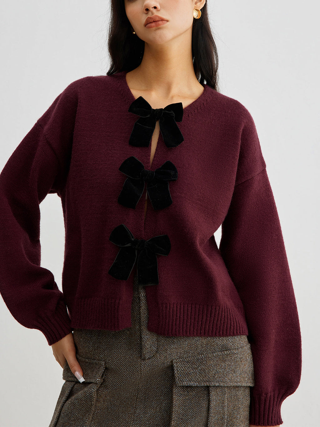 Léonie | Knit Sweater Women Velvet Bow Puff Sleeve Relaxed Fit Winter