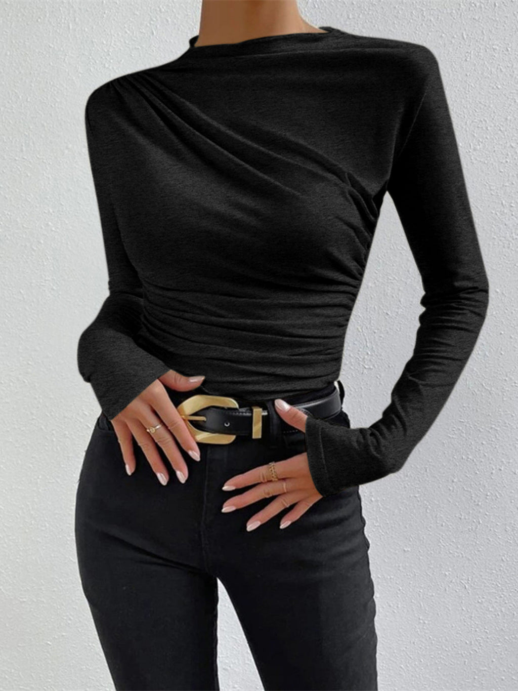 Nora | Fitted Top Women Long Sleeve Ruched Slim Fit Round Neck