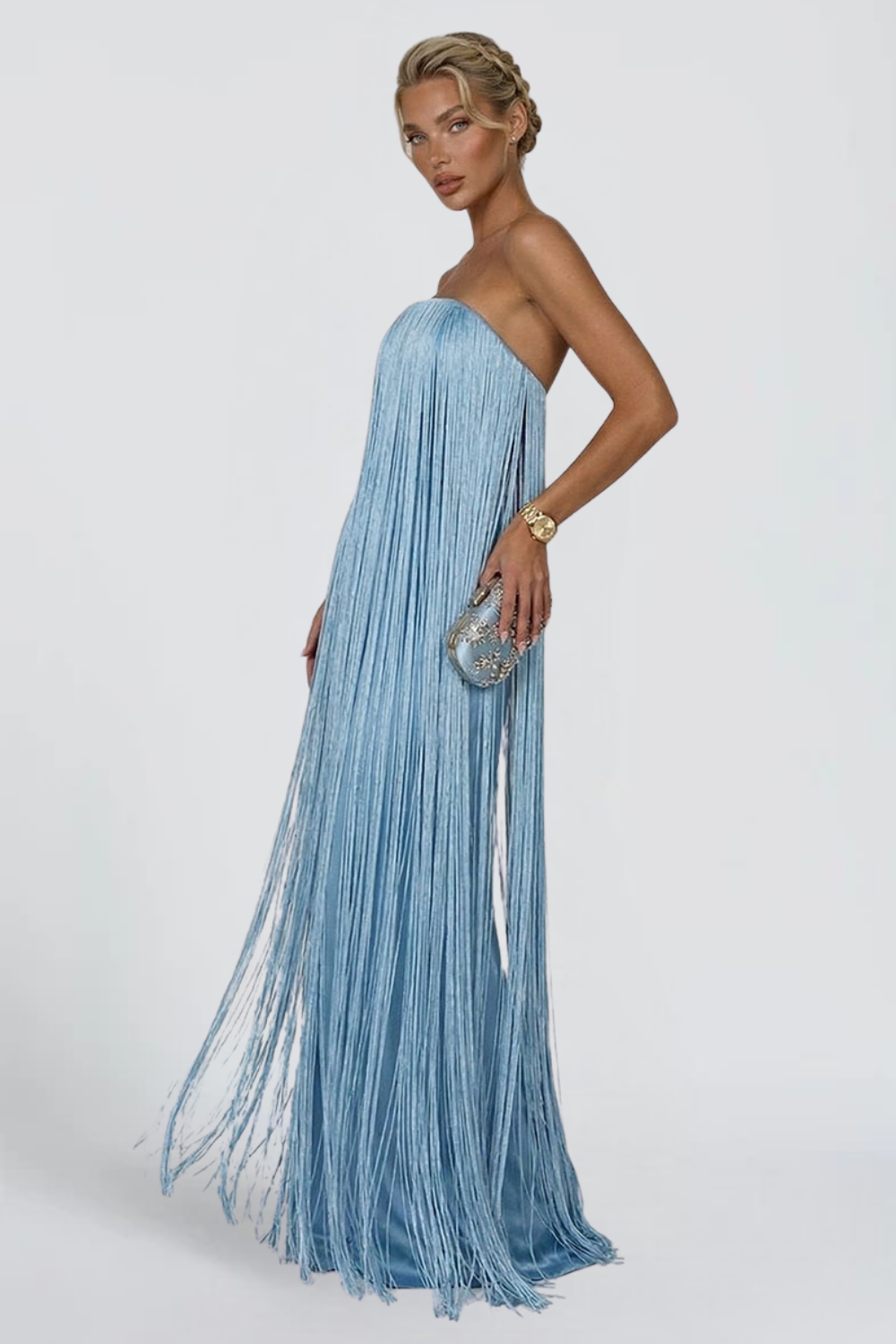 Anaïs Fournier | Strapless Fringe Maxi Dress – Metallic Tassel Satin Party Evening Gown