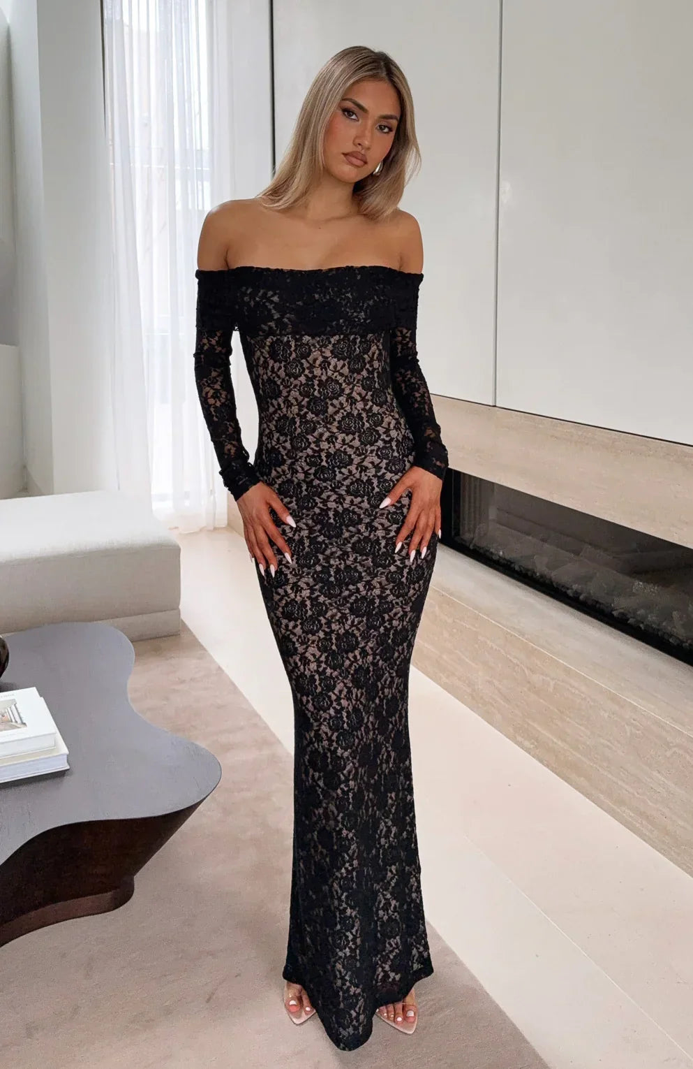 CÉLIA DE VALFLEUR | Black Floral Lace Maxi Dress – Off Shoulder Long Sleeve Mermaid Evening Gown