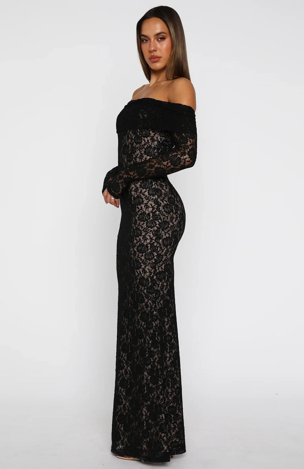 CÉLIA DE VALFLEUR | Black Floral Lace Maxi Dress – Off Shoulder Long Sleeve Mermaid Evening Gown