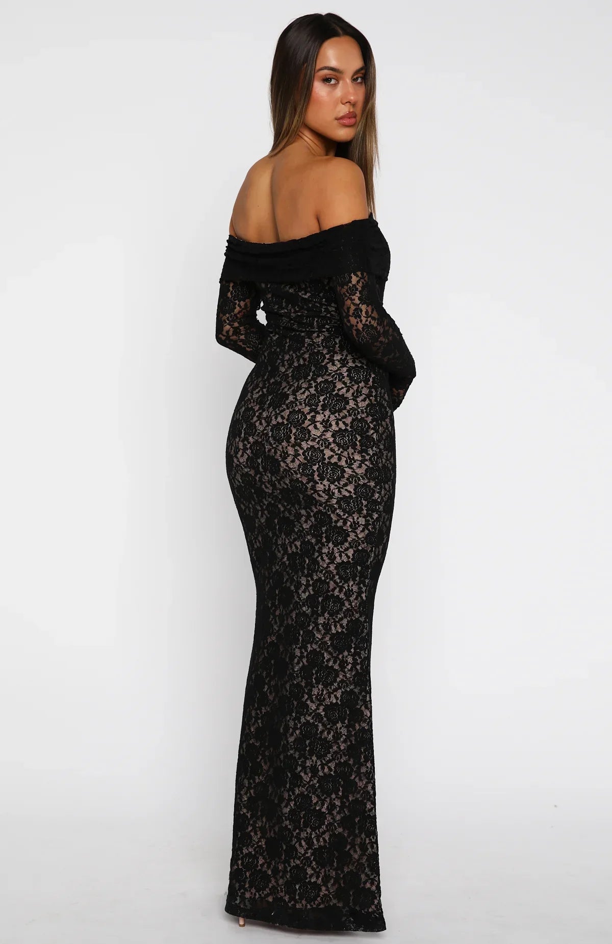 CÉLIA DE VALFLEUR | Black Floral Lace Maxi Dress – Off Shoulder Long Sleeve Mermaid Evening Gown